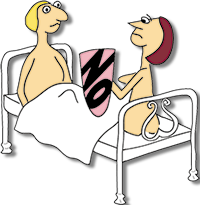 Cartoon mit einem nacktem Paar im Bett, die Frau hält ein Schild in der Hand wo NO drauf steht